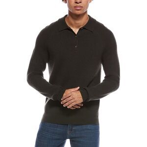 Amicale Cashmere Mens  Ribbed Cashmere Button Polo Shirt, Green